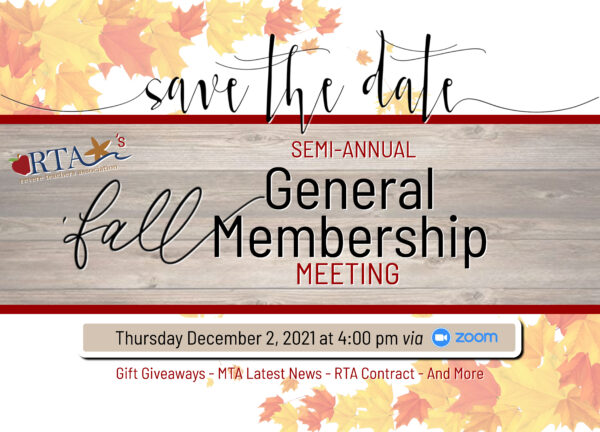 RTA Fall General Membership Save the Date - Thursday December 2, 2021 at 4 pm